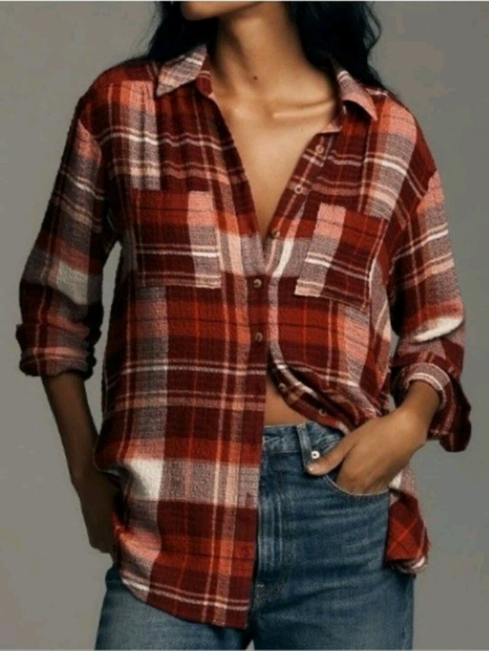 Anthropologie Pilcro Cozy Oversized Red Plaid Shirt, Size Large